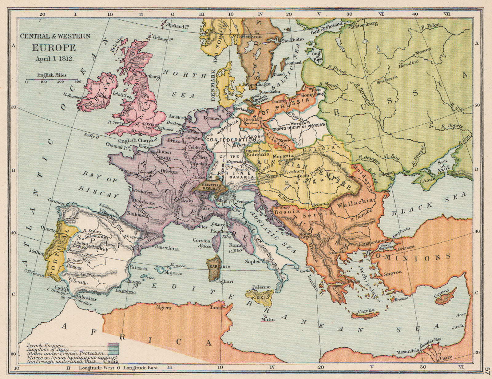 EUROPE 1812. French Empire. Helvetian Republic. Rhine Confederation 1907 map